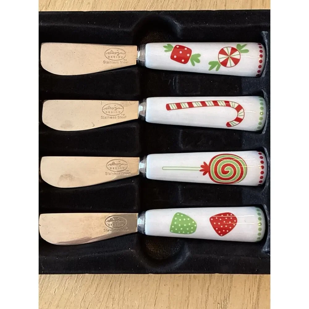 4 Christmas cheese spreaders Stainless Steel Knives porcelain holiday sweets